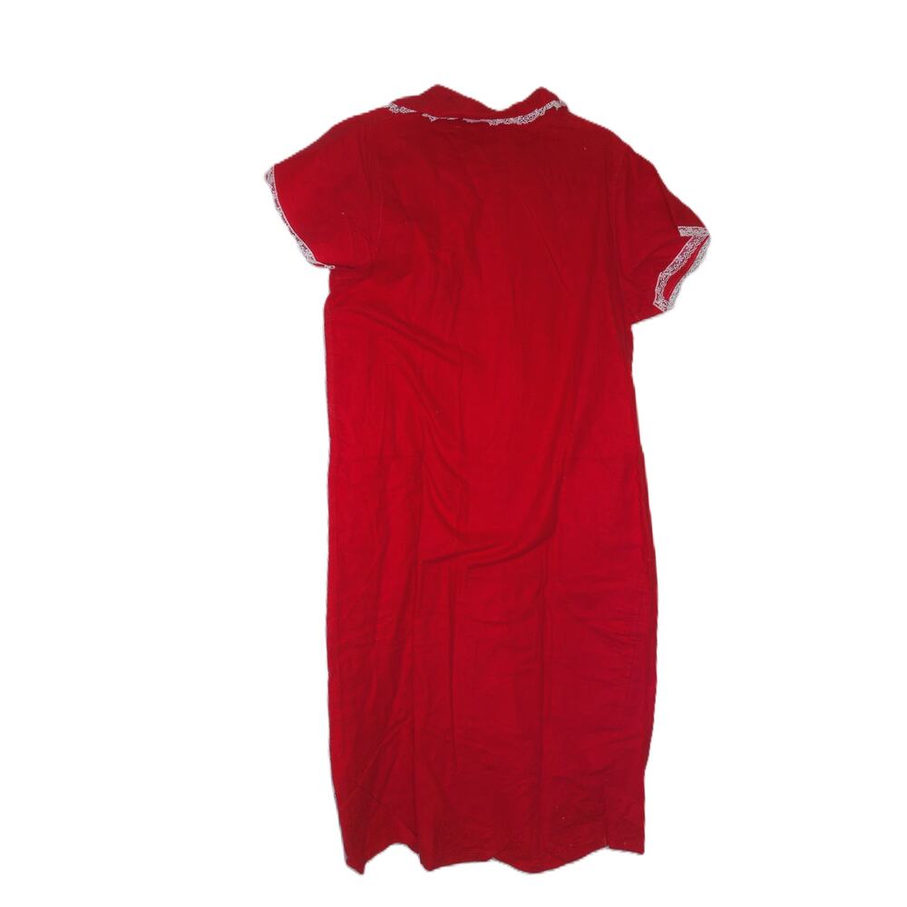 Vintage Red Flannel Housecoat Button Front Lace Pocket Dress Small NWT - Picture 3 of 7
